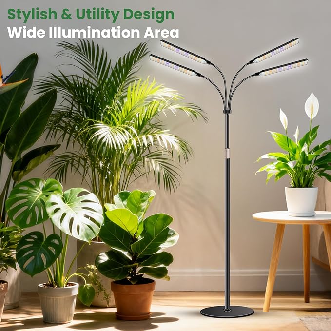 Grow Lights for Indoor Plants with Stand, 4-Heads Full Specturm Plant Grow Light with 4/8/12/16H Timer, 3 Color Modes, 360° Flexible Gooseneck, 24-68.7in Hight Adjustable Grow Lamp, Black