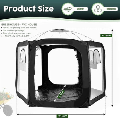 Porayhut Pop Up Greenhouse Tent,Portable Large Walk-in Plant House 10’X10’ ,Indoor Outdoor Gardening Plant Sunshine Room with PVC Mesh Cloth Cover for Protecting Plant from Cold Frost & Birds