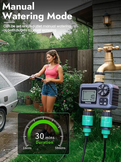 Insoma 2-Zone Water Timer Brass Inlet/Outlet, Programmable Outdoor Hose Faucet Timers with Auto/Manual Modes + Rain Delay, Waterproof Sprinkler Timer for Garden, Lawn, Yard, Pool | Save Water & Money