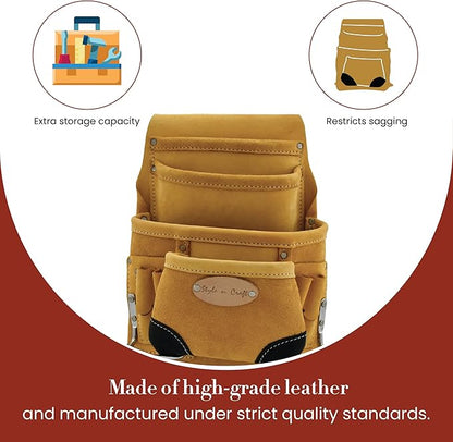 Style n Craft 10-Pocket Carpenter’s Nail & Tool Pouch, Heavy-Duty Leather Tool Pouch, Perfect and Durable Full-Grain Leather Pouch, Yellow with Black Leather Corners (#93923)