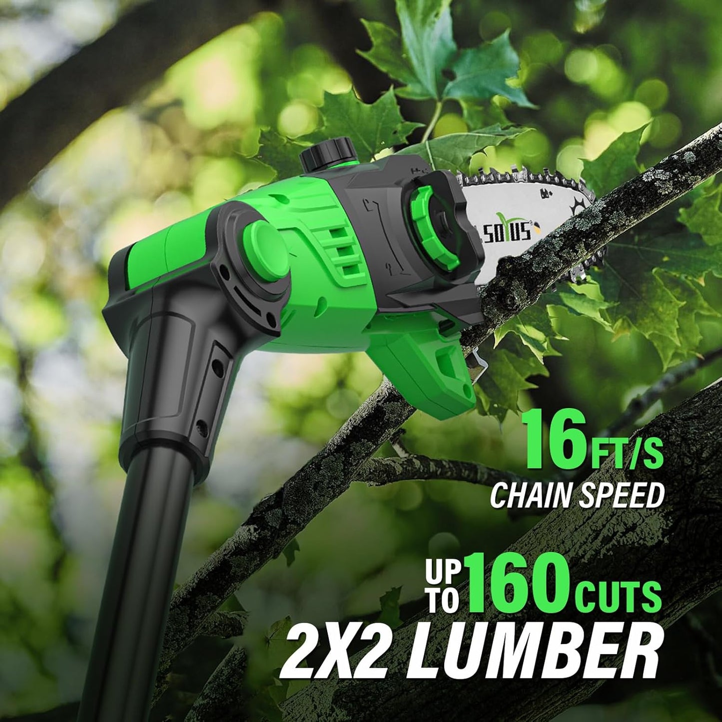 SOYUS Pole Saw 8-Inch Cordless and 18-Inch Pole Hedge Trimmer 2-in-1, 15-Foot Max Reach Pole Saw for Tree Trimming, 16ft/s Speed, Auto Oiling, Multi-Angle Pole Chainsaw with 2.0Ah Battery & Charger