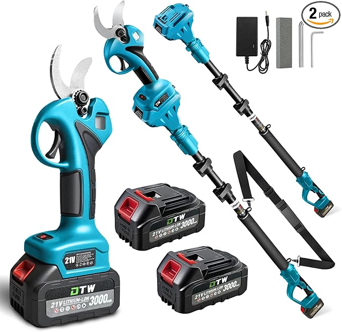 Electric Pruning Shears with Pole 1.4-2.0 Cutting Diameter & 2-IN-1 Electric Pole Pruner,2PCS 3.0Ah Batteries,Brushiless Motor,4 Modes Adjustable Branches Cutter for Flower, Tree Trimming (Blue)