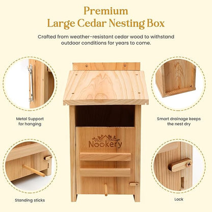 Owl House for Outdoors – Premium Large Cedar Nesting Box – Prebuilt Wooden Birdhouse for Screech Owls – Easy to Hang with Two Hanger Brackets, Mounting Screws & Cedar Shavings