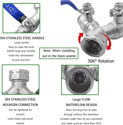 Garden Hose Splitter 2 Way 3/4" GHT Thread Heavy Duty 304 Stainless Steel Y Valve Water Hose Splitter With Long Handle