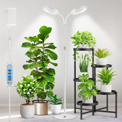 Large Plant Light for Indoor Plants, 2 Head Full Spectrum Grow Light with 68" Adjustable Stand for Growing Large Tall Plants, White Halo Floor LED Grow Lamp with 16 Hour Timer