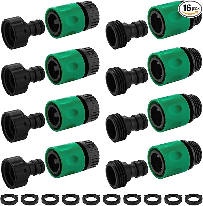 16 Pieces Garden Water Hose Quick Connectors, 3/4 Inch GHT Plastic Water Hose Fittings Male and Female, Quick Connect Hose Fittings for Garden Hose Quick Connector with 10 Pieces Rubber Washer