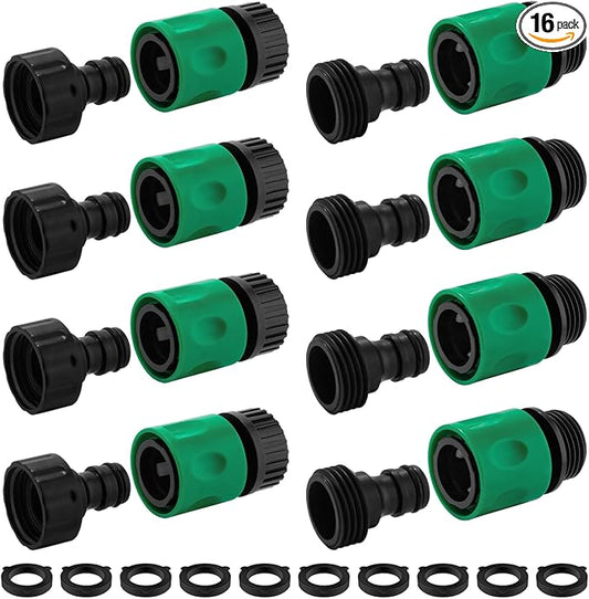 16 Pieces Garden Water Hose Quick Connectors, 3/4 Inch GHT Plastic Water Hose Fittings Male and Female, Quick Connect Hose Fittings for Garden Hose Quick Connector with 10 Pieces Rubber Washer