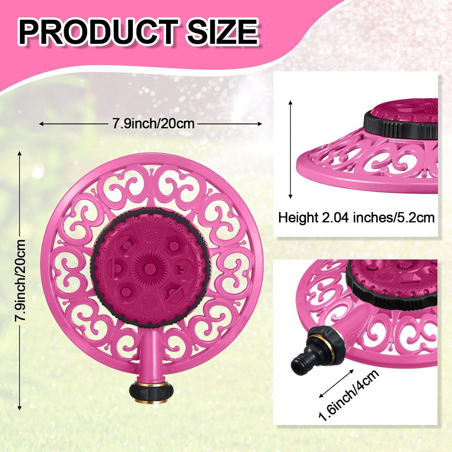 2 Pcs Lawn Sprinkler with Metal Decorative Base 8 Pattern Stationary Water Sprinkler Automatic Turret Pattern Sprinkler for Watering Yard, Lawns, Garden, Odd Shaped Areas (Pink)