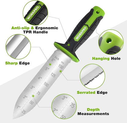 WORKPRO Hori Hori Garden Knife, 7" Stainless Steel Blade with Cutting Edge, Garden Tools with Oxford Sheath, Ergonomic TRP Handle with Hanging Hole for Weeding, Planting, Digging, Green