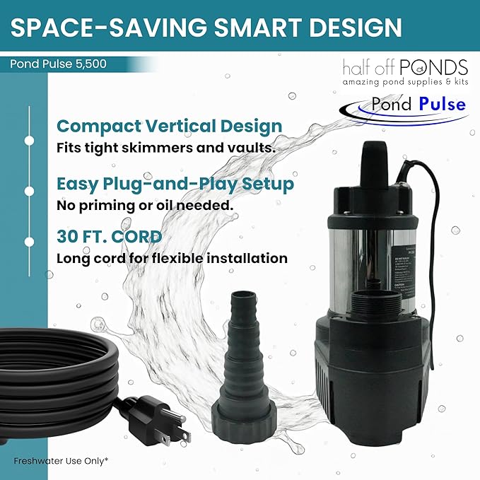 HALF OFF PONDS Pond Pulse 5,500 GPH Submersible Waterfall Pump – Hybrid Drive Pond Pump with 30' Cord – Energy Efficient, Fish Safe, 31' Max Head, for Skimmers & Large Water Features
