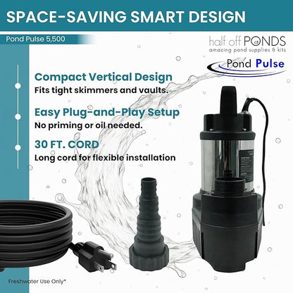 HALF OFF PONDS Pond Pulse 5,500 GPH Submersible Waterfall Pump – Hybrid Drive Pond Pump with 30' Cord – Energy Efficient, Fish Safe, 31' Max Head, for Skimmers & Large Water Features