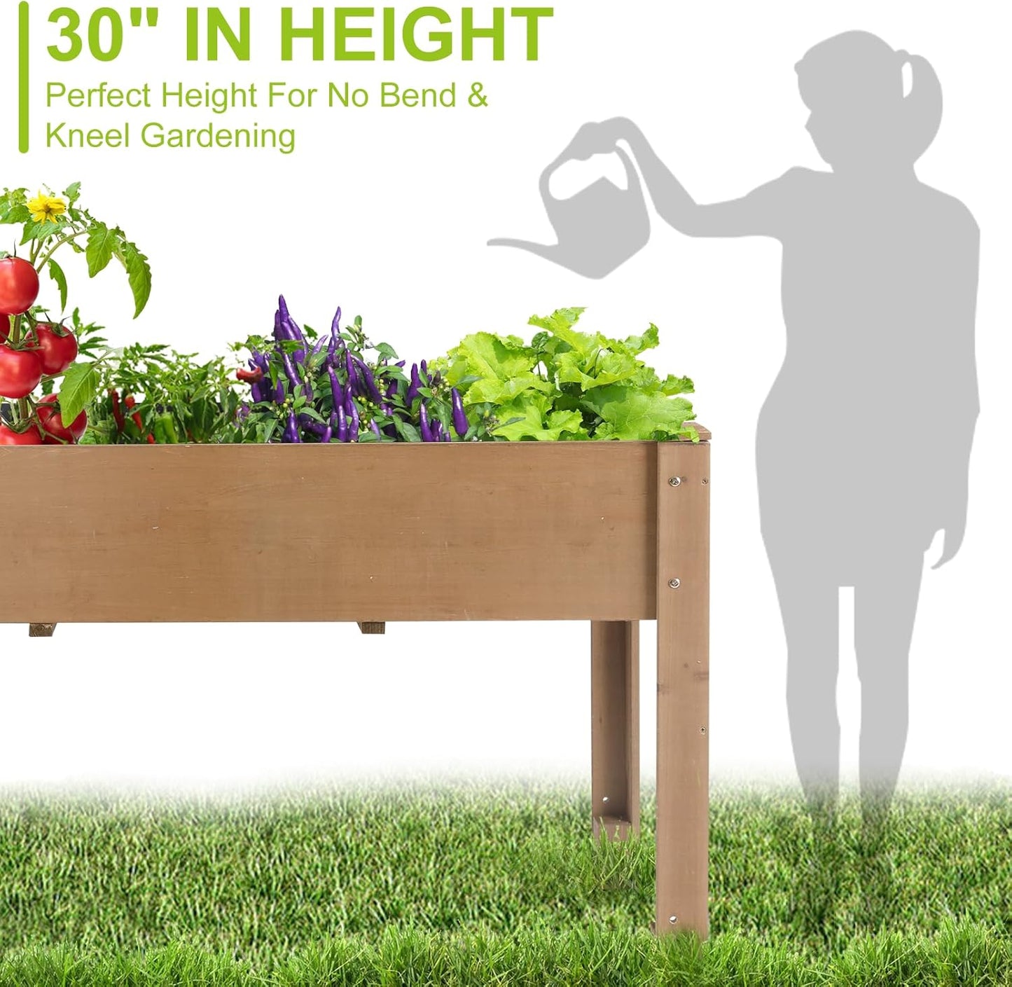 Outdoor Wood Raised Garden Bed- Elevated Planter Box with Legs, Durable Fir Wood, Reinforced Frame with Drainage Holes, Liner for Vegetables, Herbs, Flowers, 47" x 23"x 30"