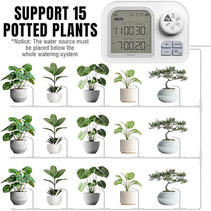 Raddy WS-7 Solar Drip Irrigation Kit with IPX7 Waterproof, Auto Watering System for 15 Potted Plants, with Auto-Soil Humidity Detection, 2600mAh Battery, Large Display for Indoor Outdoor Balcony