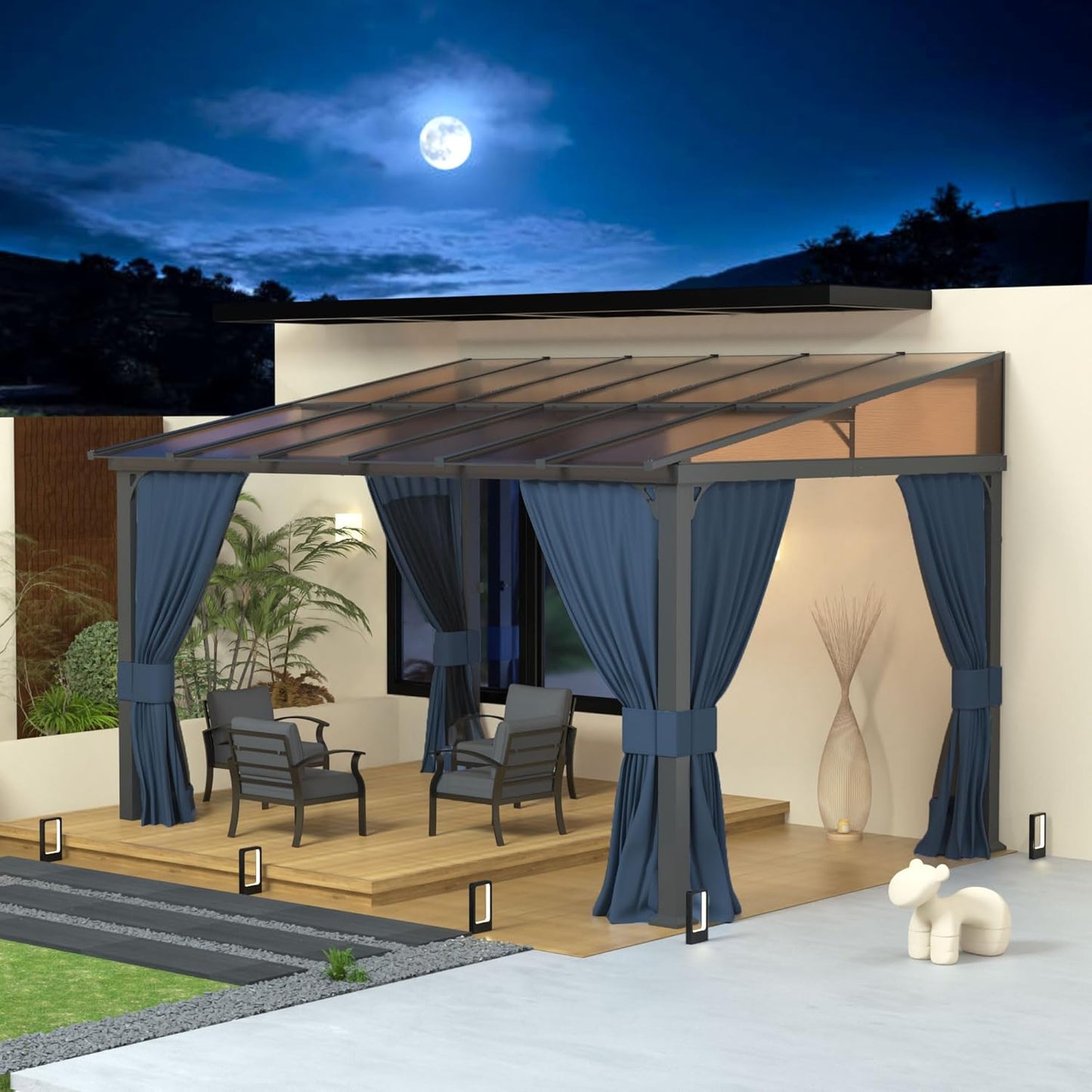 10' x 12' Gazebo，Hard Top Lean to Gazebo Wall Mount Heavy Hardtop Gazebos Outdoor Pergola with Curtains and Netting for Patio Garden Lawn Backyard Deck (Navy)