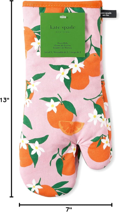 kate spade new york Squeeze The Day Oven Mitt 2-Pack Set, Heat Resistant, 100% Cotton, Orange/Pink, 7"x13"