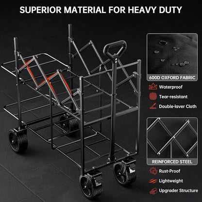 Double Decker Wagon 320L Large Capacity 400LBS Collapsible Sports Utility Cart with Big Wheels,Double Extended Tailgate Heavy Duty Folding Wagon Cart for Groceries,Camping,Beach,Garden,Outdoor