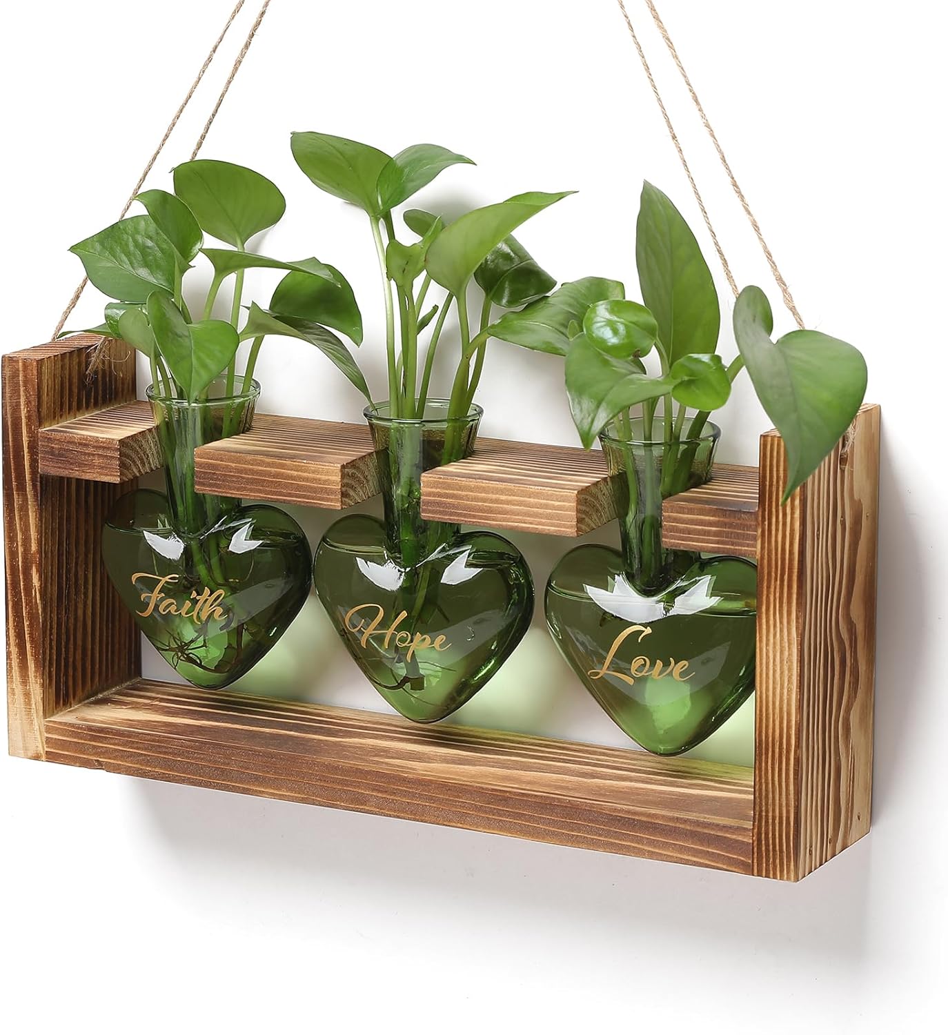 Plant Terrarium Propagation Stations Faith Hope Love Hydroponics Home Garden Decoration Gift for Women with Wooden Stand Heart Shaped Colored Glass Vase