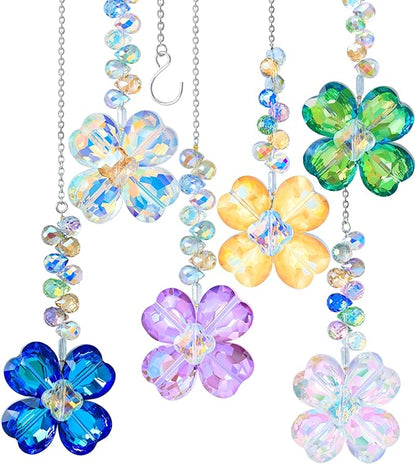 6pcs Crystal Clover Suncatchers Hanging Ornaments, Rainbow Maker Sun Catchers Indoor Window Outdoor Patio Garden Decor Gifts (Clover)