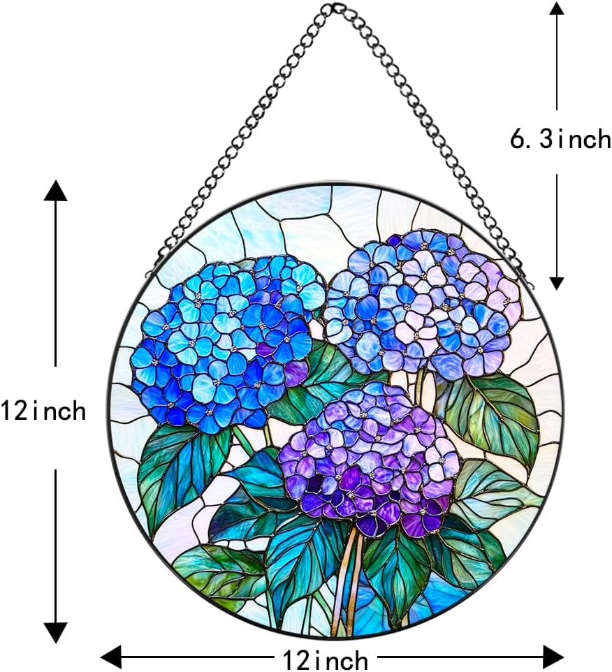 Handmade Hydrangea Flower Stained Glass Suncatcher - Vibrant Window Décor for Home/Garden,Gift-Ready Sun Catcher Art with Hook (Blue, 6.3 * 6.3IN)