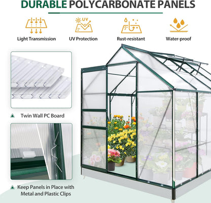 EAGLE PEAK 6x8x7 Outdoor Walk-in Hobby Greenhouse with Adjustable Roof Vent and Rain Gutter, Base and Anchor, Polycarbonate Aluminum Green House for Backyard Garden, Dark Green