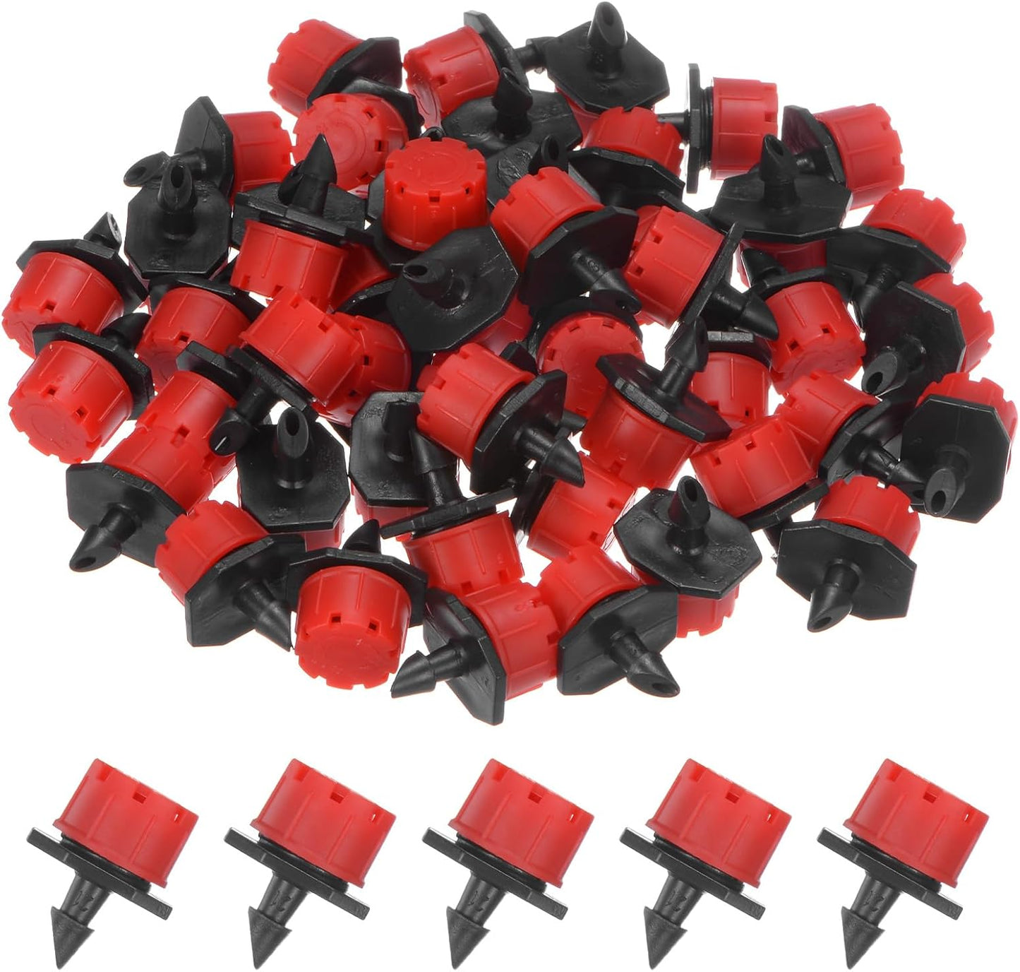 100-Pack 360 Degree Adjustable Irrigation Dripper, 1/4 Inch Barbed Emitter Drip Sprinklers for Garden/Greenhouse/Flower Bed/Watering System, Anti-Clogging Emitters [Red]