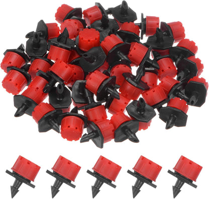 100-Pack 360 Degree Adjustable Irrigation Dripper, 1/4 Inch Barbed Emitter Drip Sprinklers for Garden/Greenhouse/Flower Bed/Watering System, Anti-Clogging Emitters [Red]