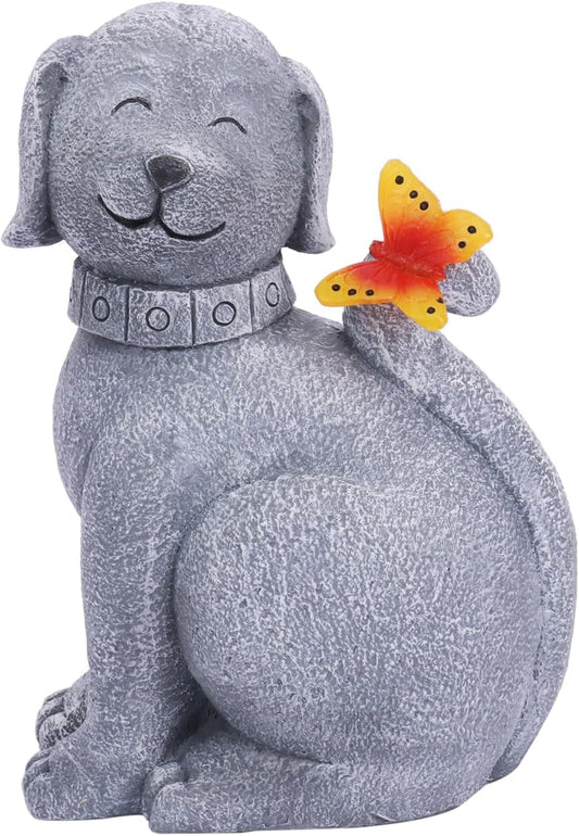 Solar Garden Statue Dog Figurine- Garden Art with Butterfly Light, Art Dog Sculpture for Patio,Balcony,Yard, Lawn-Unique Housewarming Gift for Mom Grandma