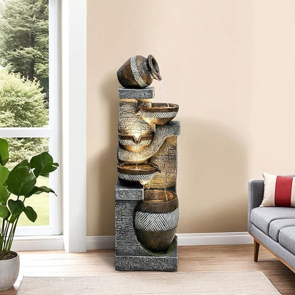 Naturefalls 42.5” H Modern Outdoor Fountain - 5 Bowls Outdoor Garden Fountains with Contemporary Design&LED Light for Garden, Patio, Deck, Porch, Backyard and Home Art Decor