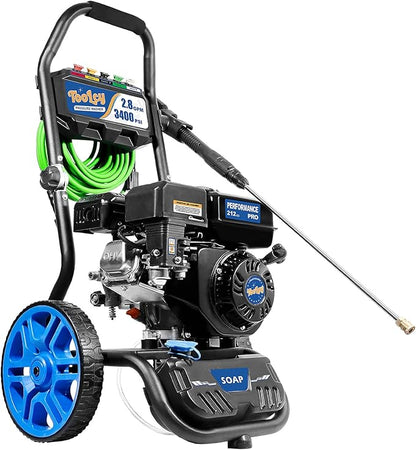 TOOLCY Gas Pressure Washer 3400 PSI & 2.8 GPM, High-Performance 212cc Engine, Foldable Handle, Reinforced Pump, 35FT Extended Power Hose, Kink-Less Swivel Gun with & 5 Nozzles, for Driveways/Patios
