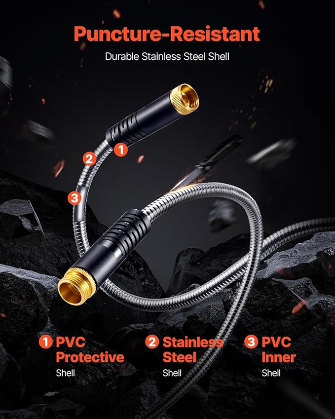 VEVOR Metal Garden Hose 200 ft, Heavy Duty Stainless Steel Water Hose with 10-Function Nozzle, No-Kink & Flexible Outdoor Garden Hose, Rust-Proof Lightweight Hose for Yard, RV, Car Wash