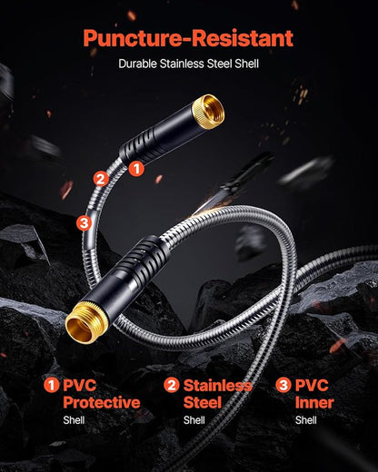 VEVOR Metal Garden Hose 25 ft, Rust Proof Stainless Steel Water Hose, Heavy Duty Backyard Hose with 10 Function Nozzle, No-Kink & Flexible Water Pipe, Lightweight Metal Hose for Yard, Outdoor