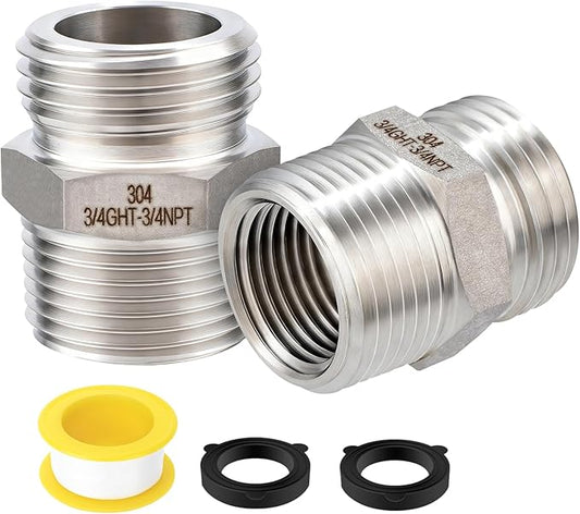 [2 Pack] 304 Stainless Steel Garden Hose Fittings Connectors Adapter Male 3/4”GHT × Male 3/4”NPT With Female 1/2" NPT, Garden Hose to Pipe Fittings Connect
