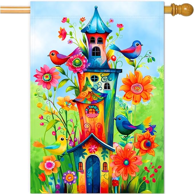 Whimsical Bird House Flags 28x40 Double Sided Welcome Large Garden Flag Holiday Yard Outdoor Decoration