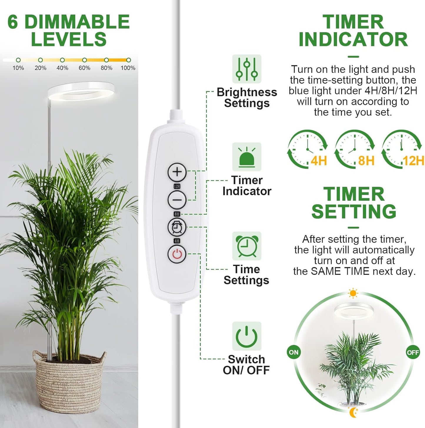 LORDEM Grow Light, 7.9" Full Spectrum LED, Adjustable Height, Auto Timer 4H/8H/12H, 6 Dimmable Levels, Ideal for Large Tall Plants, 2 Packs