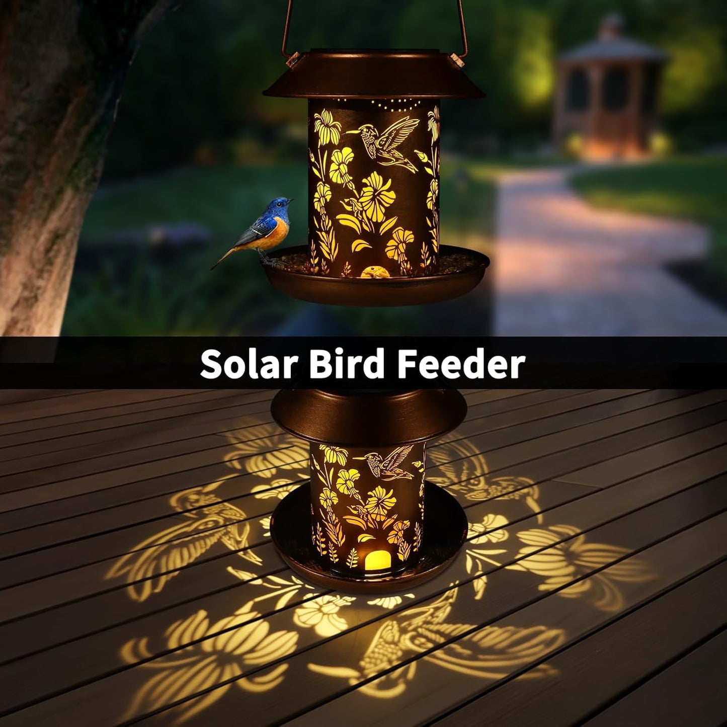 Solar Bird Feeder for Outdoors Hummingbird Solar Lanterns Metal Waterproof Outside Wild Bird Feeders Birthday Gifts for Women Mom Grandma Outdoor Hanging Garden Decor Lights for Yard, Patio