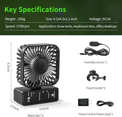 4" Grow Tent Fan with Auto Humidity Control | Quiet Oscillating Ventilation, Real-Time Temp & Humidity Monitoring for Hydroponics, Greenhouses & Indoor Gardens