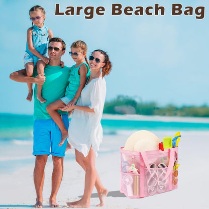 Mesh Beach Bag, Large Beach Tote with Zipper Pocket for Family Pool Bag for Toys & Vacation Essentials