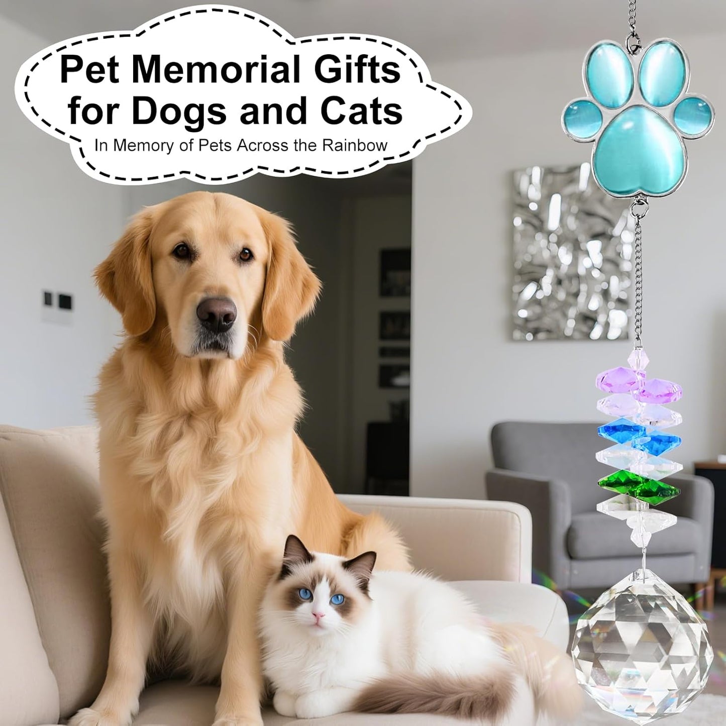 Pet Memorial Suncatcher, Dog Memorial Sympathy Gift for Loss of Dog, 17 Inch Bereavement Ornament Paw Crystal Suncatcher Thoughtful Remembrance Cats Gifts