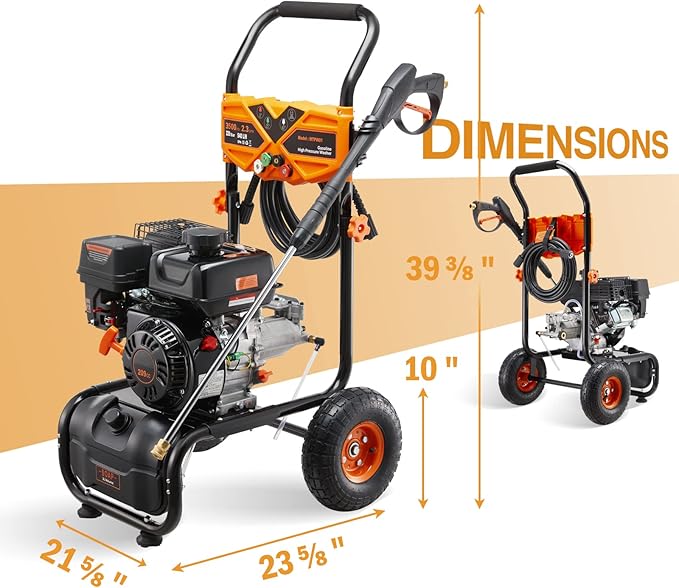 3500PSI Gas Pressure Washer, 2.3GPM Gas Powered High Pressure Washer with 209CC Engine, 4 Adjustable Nozzles, 25 ft High Pressure Hose for Cleaning Walls, Terraces, Vehicles, Gardens (Orange)