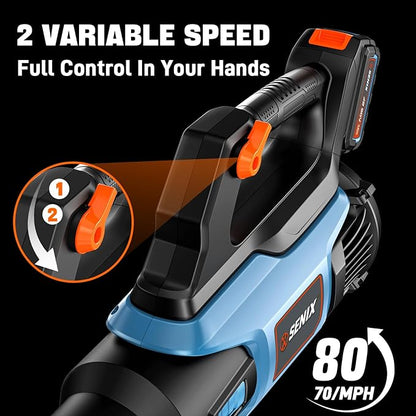SENIX 20V Max Leaf Blower, Cordless, Brushless, Handheld, Up to 350 CFM and 80 MPH, 2 Speed Mode, Cruise Control, Lightweight, 4.0 Ah Battery and Charger Included (BLAX2-M)