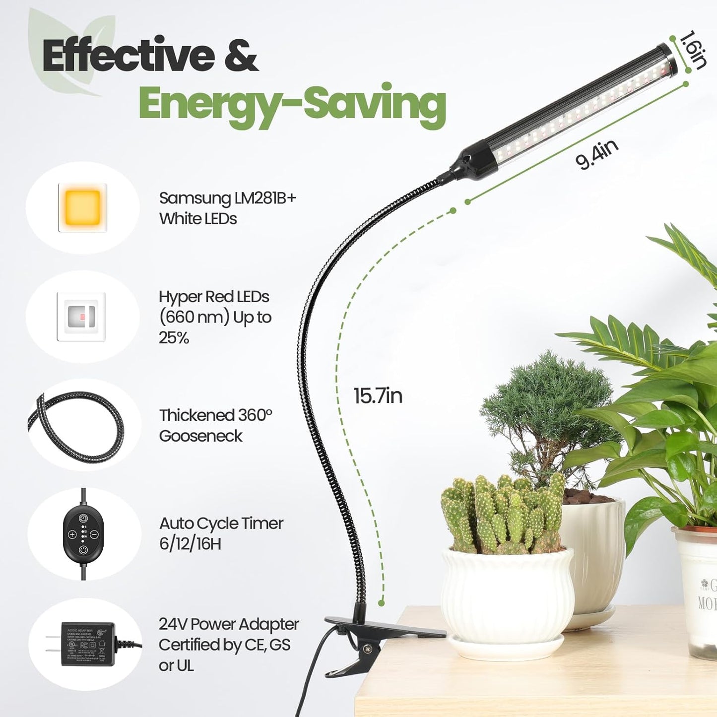 24V Clip On Grow Lights for Indoor Plants, LM281B+660nm Plant Lights for Indoor Growing, Full Spectrum LED Grow Lights for Seed Starting, 5-Level Dimmable, Auto On/Off Timing 6/12/16Hrs