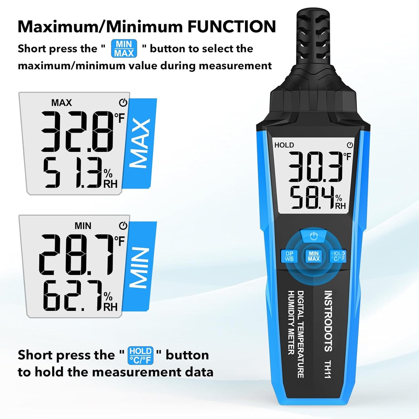 Temperature Humidity Meter, High Precision Digital Hygrometer with Ambient, Dew Point, Wet Bulb Temperature for Indoor Outdoor, Thermometer with Min/Max, Data Hold, LCD Backlight, TH11