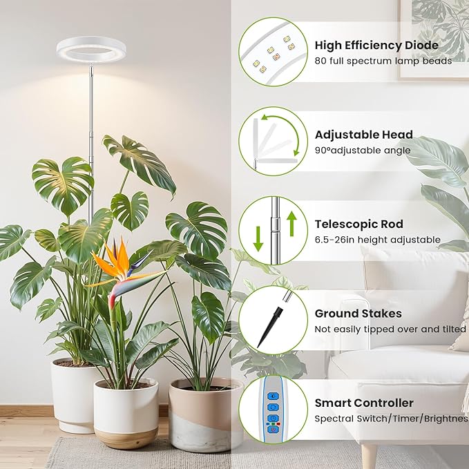 White Grow Light, Full Spectrum LED Plant Lights for Indoor Growing with 6/12/16H Timer, 3 Color Modes, 5 Brightness, 10"-65" Height Adjustable Growing Lamp for Large Indoor Plants, 2 Pack