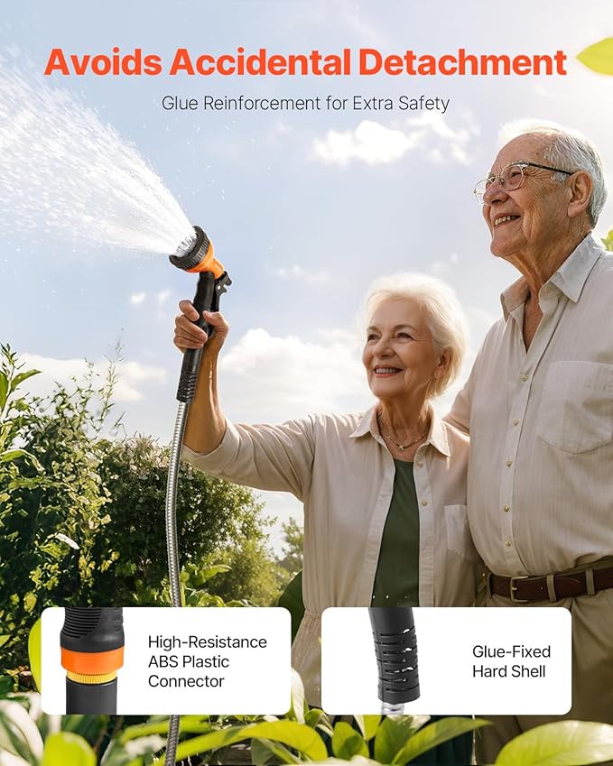 VEVOR Metal Garden Hose 25 ft, Rust Proof Stainless Steel Water Hose, Heavy Duty Backyard Hose with 10 Function Nozzle, No-Kink & Flexible Water Pipe, Lightweight Metal Hose for Yard, Outdoor