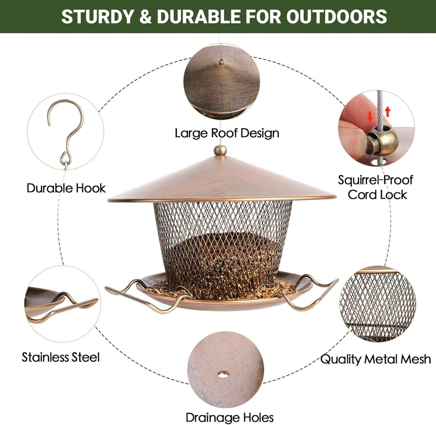 Metal Bird Feeder for Outdoors Hanging, Large Roof Bird Feeders for Cardinal, 3LB Wild Birdfeeder Squirrel Proof for Outside