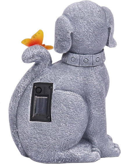 Solar Garden Statue Dog Figurine- Garden Art with Butterfly Light, Art Dog Sculpture for Patio,Balcony,Yard, Lawn-Unique Housewarming Gift for Mom Grandma