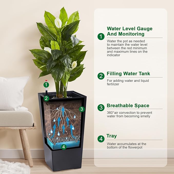 GarveeLife 22.5 in Tall Planters Set of 2, Outdoor＆Indoor Black Planter Pots, High Front Porch Planter Pots with Drainage Holes＆Water Level Monitor＆Inner Bucket, Automatic Watering, Black