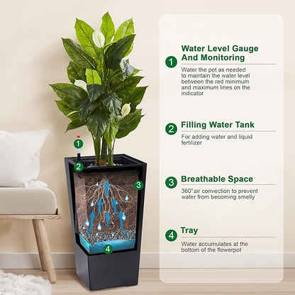 GarveeLife 22.5 in Tall Planters Set of 2, Outdoor＆Indoor Black Planter Pots, High Front Porch Planter Pots with Drainage Holes＆Water Level Monitor＆Inner Bucket, Automatic Watering, Black
