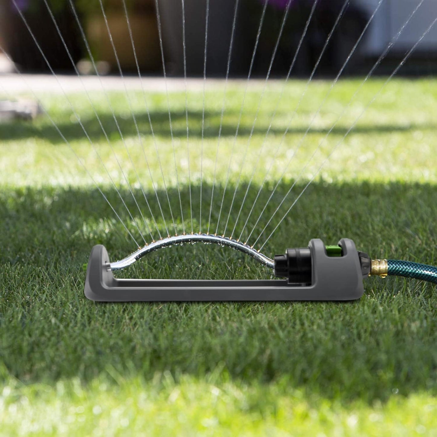 Lawn Sprinkler, 18-Hole Brass Nozzle Oscillating Sprinkler, Garden Tool for Lawns up to 3,600 Square Feet, Jet Cleaning Needle Hidden on The End of The Product, Gray