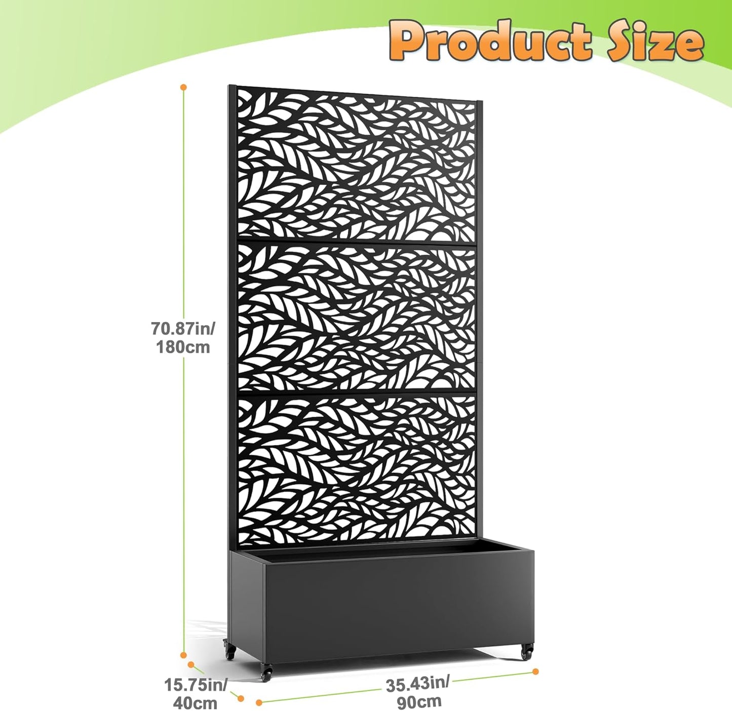 Metal Raised Garden Bed with Trellis, 2-in-1 Planter Box & Privacy Screen for Climbing Plants, Outdoor Standing Flower Bed with Drainage Holes, 35.4" L x 15.7" W x 70.1" H, Black-Spring